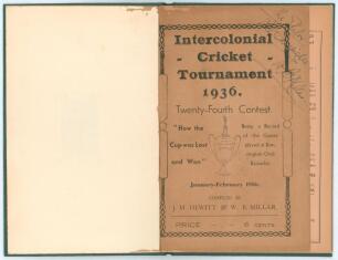 Intercolonial Cricket Tournament 1936. Twenty-Fourth Contest. Barbados: Advocate Co, 1936. J.M. Hewitt and W.B. Millar 8vo. 22p. and 3 advertising pages with pink wrappers, bound in green buckram boards with gilt titles to spine, a post-tournament publica