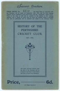 &lsquo;Cricket in Perth 1827-1921&rsquo;. History of the Perthshire Cricket Club. James Barlas, Perth, 1921. Original souvenir brochure stamped &lsquo;Prize draw No. 4172&rsquo; to front cover. Original decorative paper wrappers. Padwick no. 3285. Light vertical fold, minor agei