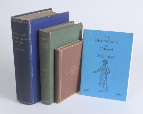Scottish Cricket Histories. Four titles including three in original cloth boards. &lsquo;Guide to the Cricket Ground&rsquo;, George H. Selkirk, London 1867. &lsquo;Drumpellier Cricket Club 1850 to 1906&rsquo;, John Thomson, Airdrie 1908. Signed bookplate of B.J. Wakley to inside