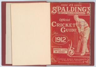 &lsquo;Spalding&rsquo;s Official Cricket Guide for 1912&rsquo;. Edited by Frederick F. Kelly, American Sports Publishing Co, New York 1912. Bound in later red cloth boards, gilt title to spine, speckled page edges, original decorative paper wrappers retained. Padwick 4047.