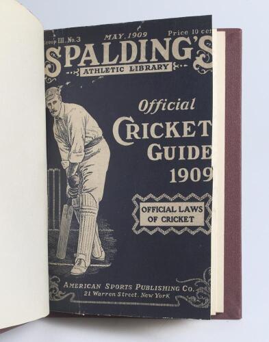 &lsquo;Spalding&rsquo;s Official Cricket Guide 1909&rsquo;. Fourth year of publication. Compiled and edited by Jerome Flannery, New York 1909. Bound in later red cloth boards, gilt title to spine, speckled page edges, original decorative paper wrappers retained. Padwick 40