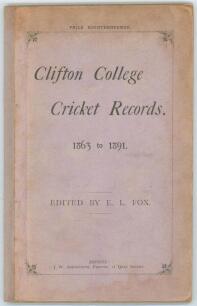 &lsquo;Clifton College Cricket Records. 1863 to 1891&rsquo;. Edited by E.L. Fox. Bristol 1892. 79pp. Original decorative stiffened card boards with later replacement spine, preserved in modern grey box. Comprises scores and averages for players including K.J. Key, E.