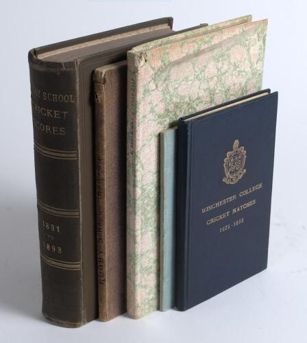 Public schools cricket. Five titles. &lsquo;The Scores of the Cricket Matches played by Rugby School, from the year 1859 to 1864 inclusive&rsquo;, Rugby 1864, original card boards with scare bookplate of Charles Pratt Green to inside front cover. &lsquo;Marlborough College