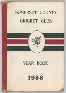 Somerset County Cricket Club Year Book 1938. Hammett & Co. Taunton 1939. Original decorative boards. Some breaking to front internal hinge, Chip of paper lost to the lower corner of the front board, minor wear to head of spine paper otherwise in good cond