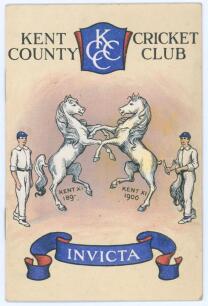 Kent C.C.C. &lsquo;The Tale of the Kent Eleven&rsquo; 1906. A rare small booklet comprising a printed four page poem bound in original decorative colour card wrappers comprising an illustration of two Kent cricketers with County &lsquo;Invicta&rsquo; emblem of two prancing horse