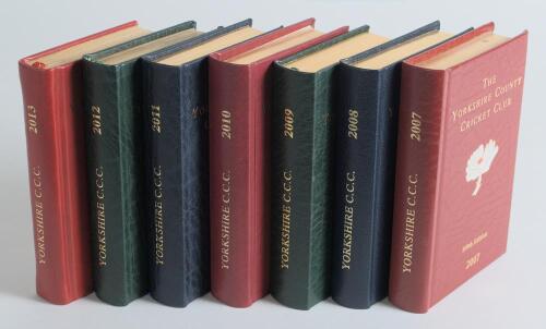 Yorkshire C.C.C. Annual 2007-2013. Seven leather bound editions for seasons 2007 (109th edition) to 2013 (115th). Includes limited editions for 2007 no. 57/150, and 2008 no. 61/100, both signed by the Captain, Darren Gough. All with gilt titles to front a