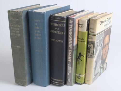 Yorkshire biographies and histories. Six hardback titles including three first edition autobiographies, each with good dustwrapper and signed by the player, &lsquo;Fast Fury&rsquo;, Freddie Trueman, London 1961, &lsquo;Close to Cricket&rsquo;, Brian Close, 1968, and &lsquo;A Yorkshire