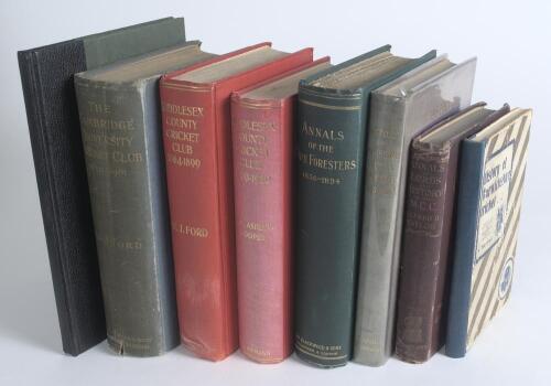 County and Club histories. Eight titles, of which seven are original hardbacks in cloth covers. Titles are &lsquo;Middlesex County Cricket Club&rsquo;, two volumes, &lsquo;1864-1899&rsquo;, W.J. Ford, London 1900, ex K.A. Auty Library of Ontario collection, and &lsquo;1900-1920&rsquo;, F.S.