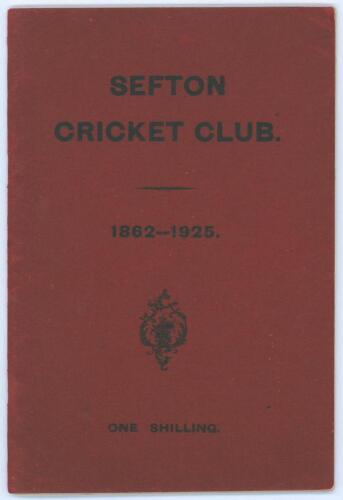&lsquo;Sefton Cricket Club 1862-1925&rsquo;. J.D. Lynch. Printed by W. Williams, Liverpool 1926. Padwick 2216. Original paper wrappers. Light creasing to front wrapper, otherwise in very good condition.