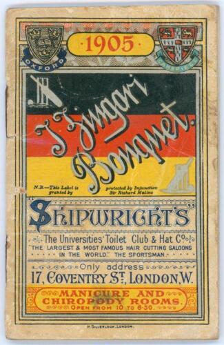&lsquo;Shipwright&rsquo;s I Zingari Bouquet&rsquo;. &lsquo;The Universities Toilet Club & Hat Co.&rsquo; 1905. Printed by H. Silverlock, London. Small 64pp calendar/ diary for 1905 in original paper wrappers with decorative front cover in I Zingari colours of black, red and gold, &lsquo;Sh