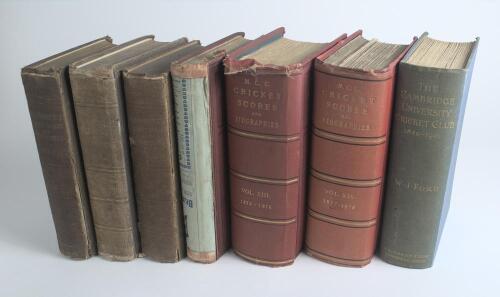 &lsquo;Frederick Lillywhite&rsquo;s [and M.C.C.] Cricket Scores And Biographies Of Celebrated Cricketers. Volumes I and II (two copies), both published 1862, in original blue/ grey cloth, Vols. V (1876), XIII (1880) and XIV (1895) in original red cloth bindings. Vol.