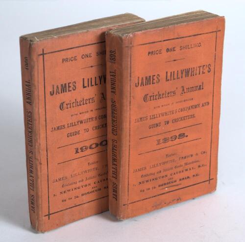 James Lillywhite&rsquo;s Cricketers&rsquo; Annual 1898 and 1900. Two issues of the annual in original limp red cloth wrappers. Both complete with photo plates as issued. Some wear to wrappers, slight breaking to internal hinges, otherwise in good condition.