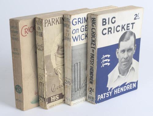 Cricket softbacks. Four first edition softback titles. &lsquo;Grimmett on Getting Wickets&rsquo;, C.V. Grimmett, London 1930, pictorial paper wrappers with wear. &lsquo;Big Cricket&rsquo;, Patsy Hendren, London 1934. Two by Cecil Parkin, &lsquo;Cricket Reminiscences. Parkin on Cricket