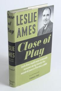 &lsquo;Close of Play&rsquo;. Leslie Ames. First edition, London 1953. Hardback with original pen and ink caricature of Ames in wicket-keeping action laid down to front endpaper, signed in ink by Ames. Very good condition with good original dustwrapper. Sold with a bo