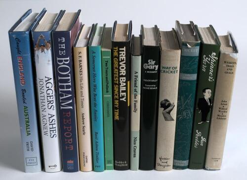 Signed cricket books. A selection of thirteen signed hardback titles (one softback) from the collection of Gordon Ross, six with his bookplate. Good dustwrappers. Titles and signatures are &lsquo;Wickets, Tries and Goals&rsquo;, John Arlott, Wilfred Wooller & Maurice