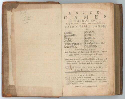 &lsquo;Hoyle&rsquo;s Games Improved, being practical treatises on the following fashionable games viz whist, quadrille, piquet, chess, back-gammon, draughts, cricket, tennis, quinze, hazard, lansquenet and billiards&rsquo;. Revised and corrected by Charles Jones Esq. A new