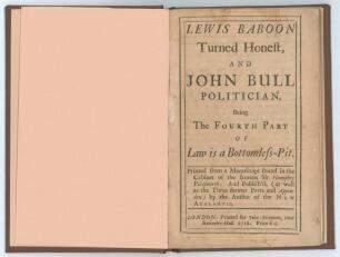 &lsquo;Lewis Baboon Turned Honest, And John Bull Politician being the fourth part of Law is a Bottomless Pit&rsquo;. John Arbuthnot. Published by John Morphew, London 1712. Cricket reference on page 18. Arbuthnot&rsquo;s five part &lsquo;History of John Bull&rsquo; sees Bull symbolisi