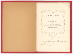 &lsquo;Eight Poems from Clifford Bax&rsquo;. Privately printed for Bax as a 12pp Christmas card 1928. Comprises twelve poems, the final poem &lsquo;A Dead Cricketer&rsquo; was republished the following year retitled &lsquo;Corsham Cricket&rsquo; in Lakenham&rsquo;s book commemorating Fred Hulbert