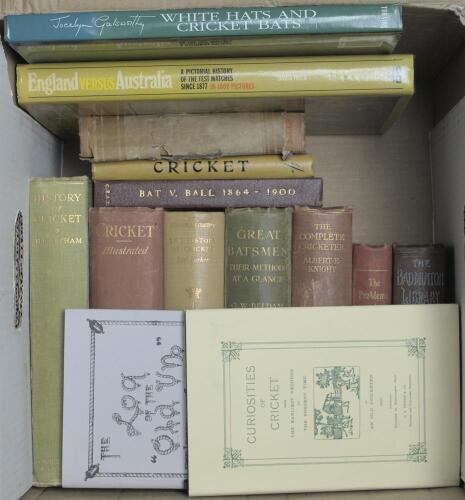 Cricket histories 1900-2000. A good selection of fourteen assorted hardback cricket books. Pre-war titles include &lsquo;Bat v Ball. The Book of Individual Cricket Records, &c. 1864-1900&rsquo;. J.H. Lester. Nottingham 1900. Bound in maroon cloth, original pictorial 