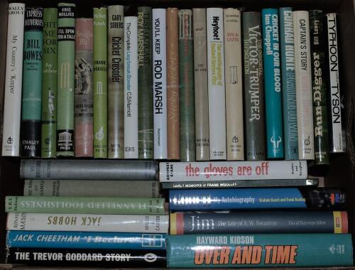 Cricket biographies 1950s onwards. Box comprising a good selection of thirty original hardback biographies, the majority with good dustwrappers. Subjects/ authors include Bill Bowes, Roy Gilchrist, Eric Hollies, Keith Miller, Frank Worrell, Garry Sobers, 