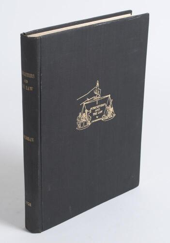 &lsquo;Cricketers and The Law&rsquo;. J.W. Goldman. Privately published 1958. Black cloth with gilt title and illustration to front and spine. Limited to 350 copies, this is an unnumbered &lsquo;presentation&rsquo; copy to Egham C.C., nicely signed by Goldman. Bookplate of the s