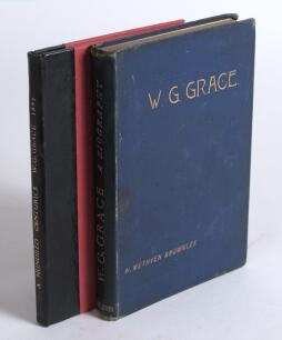 W.G. Grace. Two titles. &lsquo;The History of a Hundred Centuries&rsquo;. W.G. Grace. Edited by W. Yardley. London 1895. Rebound in black quarter leather and red cloth, original pictorial paper wrappers retained. Ownership name to original front wrapper, small loss t