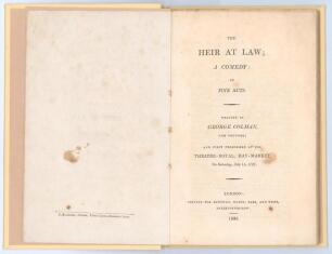 &lsquo;The Heir at Law; A Comedy in Five Acts&rsquo;. George Colman the younger. Longman, London 1808. 88pp rebound in modern cream cloth, lacking original wrappers. Padwick 874 lists two earlier editions of 1797 and 1800, but not this edition. The &lsquo;Catalogue of an E