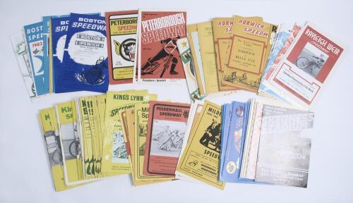Speedway. Eastern counties programmes 1958-2000. A good selection of over one hundred and ten official programmes for speedway meetings of the period. Programmes are for meetings at King&rsquo;s Lynn 1967-1980 (Qty 44), Norwich 1958-1964 (22), Skegness 1988-199