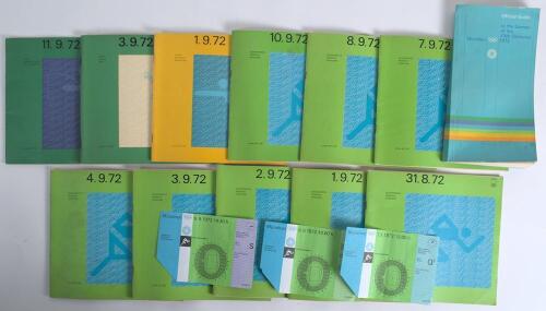 Olympics Games Munich 1972. Ten official programmes for the Games covering athletics, 31st August- 4th September, 7th, 8th and 10th September, gymnastics 1st September, boxing 3rd September, and equestrian sports 11th September. Sold with three official t
