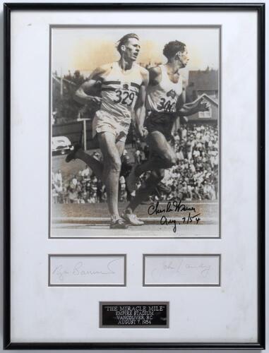 Athletics. &lsquo;The Miracle Mile&rsquo;. Roger Bannister (England) and John Landy (Australia) 1954. Mono photographic image of Bannister and Landy approaching the finishing line in the final of the one mile race at the 1954 British Empire and Commonwealth Games at 