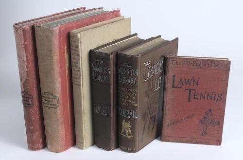 Sporting books. Six hardback titles. &lsquo;Lawn Tennis&rsquo;, H.W.W. Wilberforce, London 1895. &lsquo;The &ldquo;House&rdquo; On Sport&rsquo;, W.A. Morgan, Vol. I London 1898, and Vol. II 1899, staining to boards. Two volumes of &lsquo;The Badminton Library of Sports & Pastimes&rsquo;, &lsquo;Football&rsquo; &lsquo;Ne