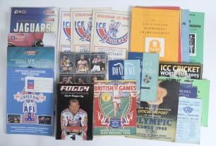 Sporting book, programmes and trade cards. A selection covering various sports including one signed book, &lsquo;Foggy&rsquo;, Carl Fogarty (World Superbike Champion), 2000, hardback signed to the title page by Fogarty, with good dustwrapper. Twenty two official prog