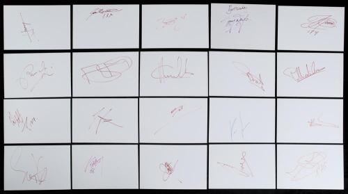 Cycling autographs 1970s-1990s. A good selection of approx. sixty signatures of international cyclists, each signed to individual white cards and colour promotional cards. Signatures include Lance Armstrong, Roberto Pistore, Laurent Jalabert, Alex Zuille,