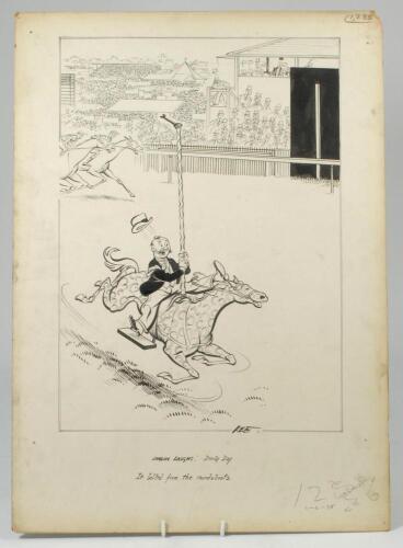 &lsquo;London Laughs. Derby Day. It bolted from the roundabouts&rsquo;. Excellent and original pen and ink drawing artwork by artist Joseph Lee, showing the finishing line at the Derby at Epsom. A fairground horse appears to be winning the race much to the consternat