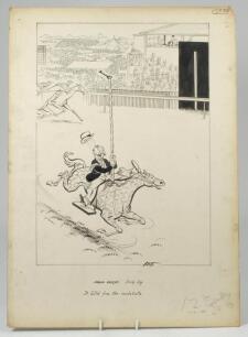 &lsquo;London Laughs. Derby Day. It bolted from the roundabouts&rsquo;. Excellent and original pen and ink drawing artwork by artist Joseph Lee, showing the finishing line at the Derby at Epsom. A fairground horse appears to be winning the race much to the consternat