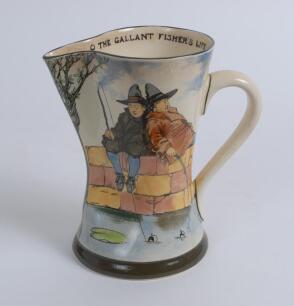 Fishing jug. Royal Doulton &lsquo;Gallant Fishers&rsquo; Tudor shape jug. The jug features two sleeping fisherman sitting on a wall with the quote &lsquo;The Gallant Fisher&rsquo;s Life It Is The Best Of Any&rsquo; on the inside rim. 7&rdquo; tall. Royal Doulton &lsquo;Gallant Fishers&rsquo; backstamp 