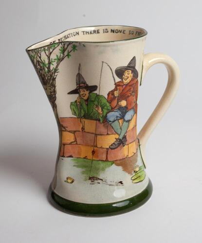 Fishing jug. Royal Doulton &lsquo;Gallant Fishers&rsquo; Tudor shape jug. The jug features two fisherman sitting on a wall smiling as they have caught a fish, with the quote &lsquo;Of Recreation there is none so free as fishing is alone&rsquo; on the inside rim. 8&rdquo; tall. Royal D