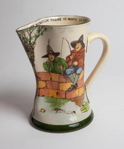 Fishing jug. Royal Doulton &lsquo;Gallant Fishers&rsquo; Tudor shape jug. The jug features two fisherman sitting on a wall smiling as they have caught a fish, with the quote &lsquo;Of Recreation there is none so free as fishing is alone&rsquo; on the inside rim. 8&rdquo; tall. Royal D