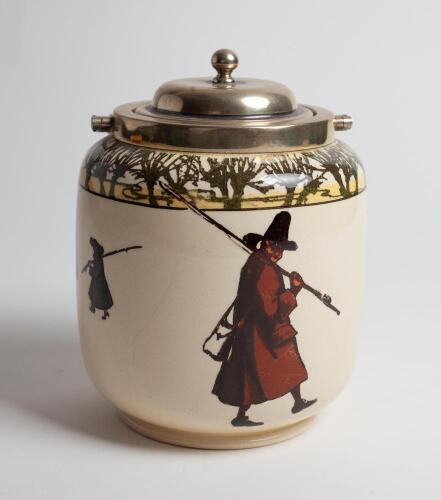 Royal Doulton &lsquo;Burslem&rsquo; Isaac Walton biscuit barrel with silver plated handle and lid decorated with fisherman of various sizes to sides with floral decoration to top border. Doulton marks and number D2312 to base. Approximately 7&rdquo; tall. Very good conditi