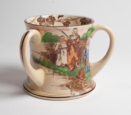 Fishing Tyg. Large and impressive three handled tyg with scene of monks fishing. Rhyme to side reads &lsquo;Tomorrow will be Friday, Every Brother his rod he took, Every rod had a line and a hook, every hook had a bait so fine, and thus they sang in the Evenshi