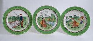 Fishing Motto Plates. Five similar Wedgwood Pottery Plates all depicting scenes of Fishermen. Around the outside of each plate is an inspirational phrase or motto that coincides with the scene depicted. Mottos are &lsquo;Be always as merry as ever you can, for 