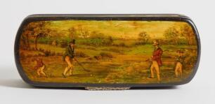 Golf snuff box. An oblong black lacquered papier mache snuff box with hinged lid, believed to be circa 1870/80&rsquo;s. The lid painted with an early golfing scene golfers with caddie&rsquo;s playing golf.