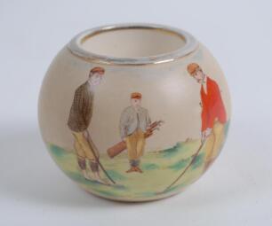 Carltonware stoneware circular match holder c.1906 printed with a colour illustration of two men playing golf and caddie holding the bag. Maker&rsquo;s stamp to base with registration no. 333948. 2.5&rdquo; tall, 2.75&rdquo; diameter. Good condition