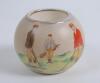 Carltonware stoneware circular match holder c.1906 printed with a colour illustration of two men playing golf and caddie holding the bag. Maker&rsquo;s stamp to base with registration no. 333948. 2.5&rdquo; tall, 2.75&rdquo; diameter. Good condition