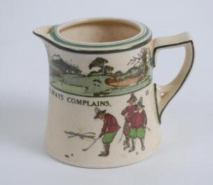 Royal Doulton &lsquo;Golfing series&rsquo; milk jug, the body decorated with a continuous scene of cavalier figures (Crombie) of golfers and caddies playing golf with proverb inscription &lsquo;He that complains is never pitied&rsquo;, decorated with green line decoration to ext