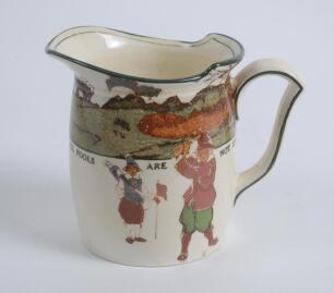 Royal Doulton &lsquo;Golfing series&rsquo; jug, the body decorated with a continuous scene of cavalier figures (Crombie) of golfers playing golf with top border scene of golf course border with proverb inscription &lsquo;All fools are not knaves but all knaves are fools&rsquo;, 