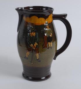 A large Royal Doulton Kingsware pitcher with a golf scene of cavalier golfer with caddie (Charles Crombie) to one side and a smaller group playing golf to verso. Royal Doulton mark to the bottom of the jug. 9&rdquo; tall. Circa 1930. Very good condition