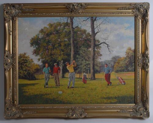 Golf paintings. Two modern paintings, a canvas of a group of golfers at the tee for the 18th hole, one teeing off, good wooded background. Signed &lsquo;Stephen Park 94&rsquo;. Framed and glazed. Overall 29&rdquo;x23&rdquo;. Sold with a further canvas of a golf scene with golfer