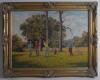 Golf paintings. Two modern paintings, a canvas of a group of golfers at the tee for the 18th hole, one teeing off, good wooded background. Signed &lsquo;Stephen Park 94&rsquo;. Framed and glazed. Overall 29&rdquo;x23&rdquo;. Sold with a further canvas of a golf scene with golfer