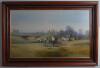 Golf paintings. Two modern paintings, a canvas of a group of golfers at the tee for the 18th hole, one teeing off, good wooded background. Signed &lsquo;Stephen Park 94&rsquo;. Framed and glazed. Overall 29&rdquo;x23&rdquo;. Sold with a further canvas of a golf scene with golfer - 2